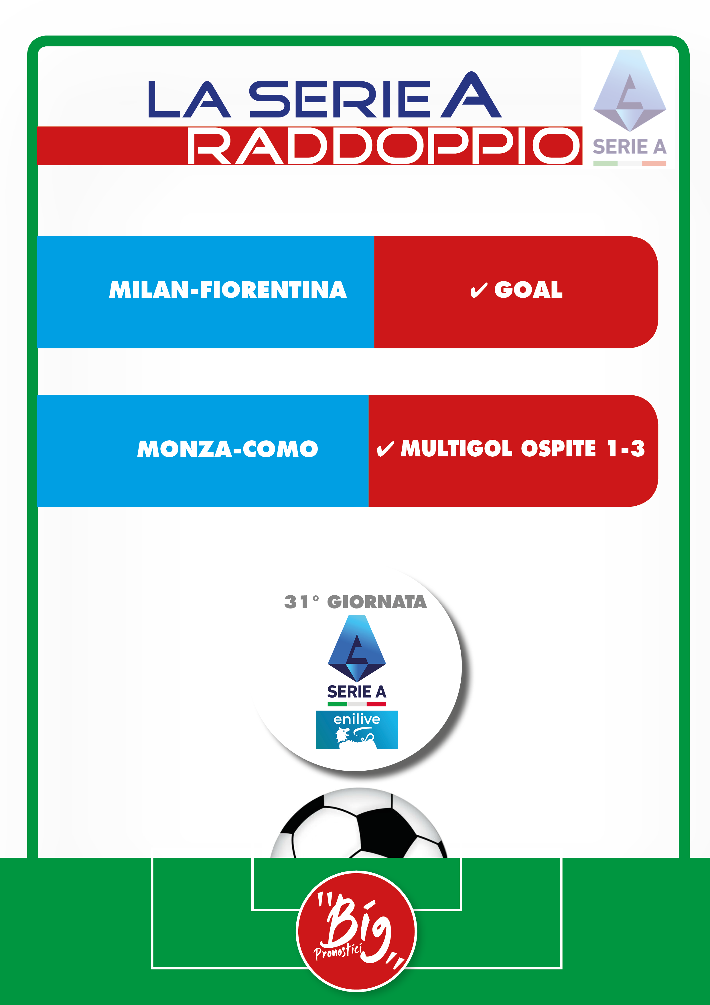 Raddoppio serie A 31 giornata Pronostico raddoppio Serie A 27 giornata